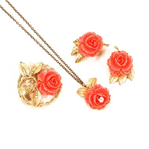 Gold Tone Necklace Earrings and Brooch Set with Coral Roses by BSK