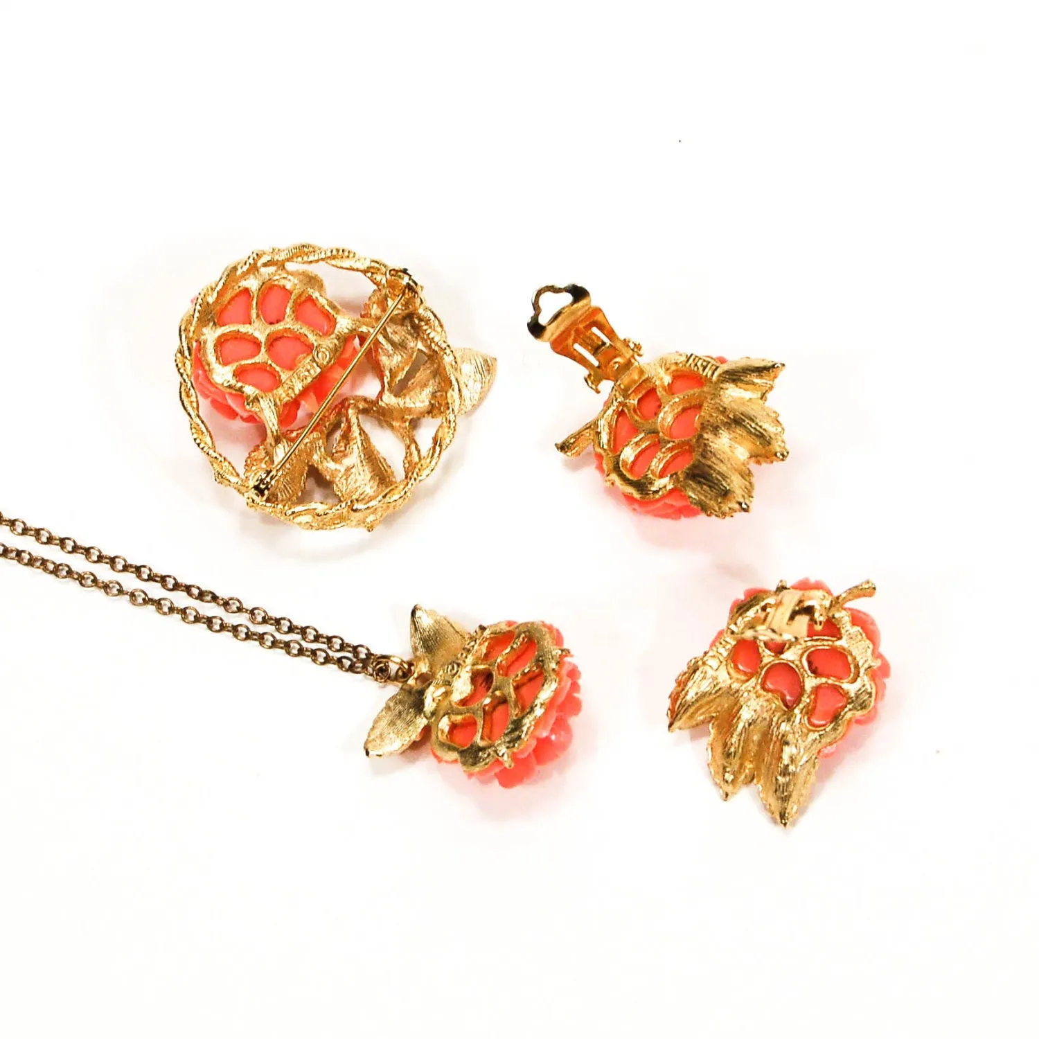 Gold Tone Necklace Earrings and Brooch Set with Coral Roses by BSK