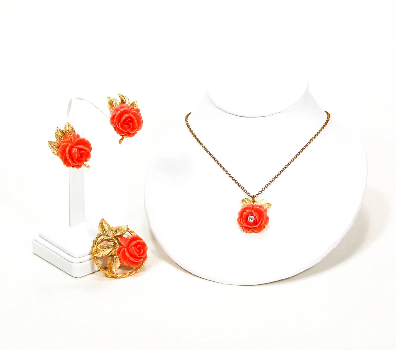 Gold Tone Necklace Earrings and Brooch Set with Coral Roses by BSK