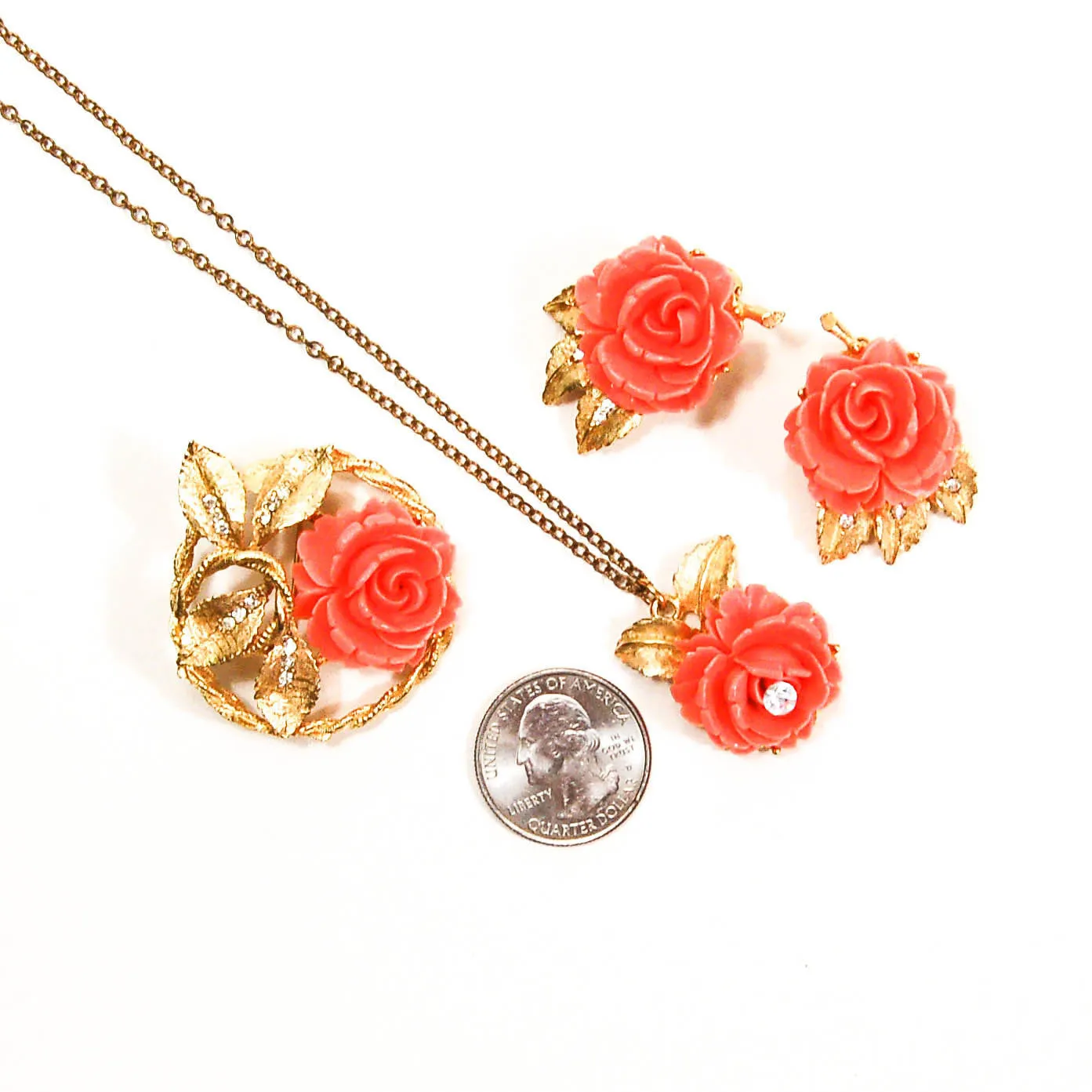Gold Tone Necklace Earrings and Brooch Set with Coral Roses by BSK