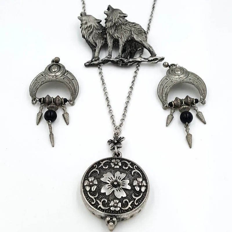 Gothic Jewelry Set with JJ Wolves Pewter Brooch, Zad Mirror Necklace, Earrings