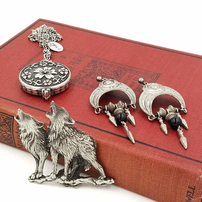 Gothic Jewelry Set with JJ Wolves Pewter Brooch, Zad Mirror Necklace, Earrings