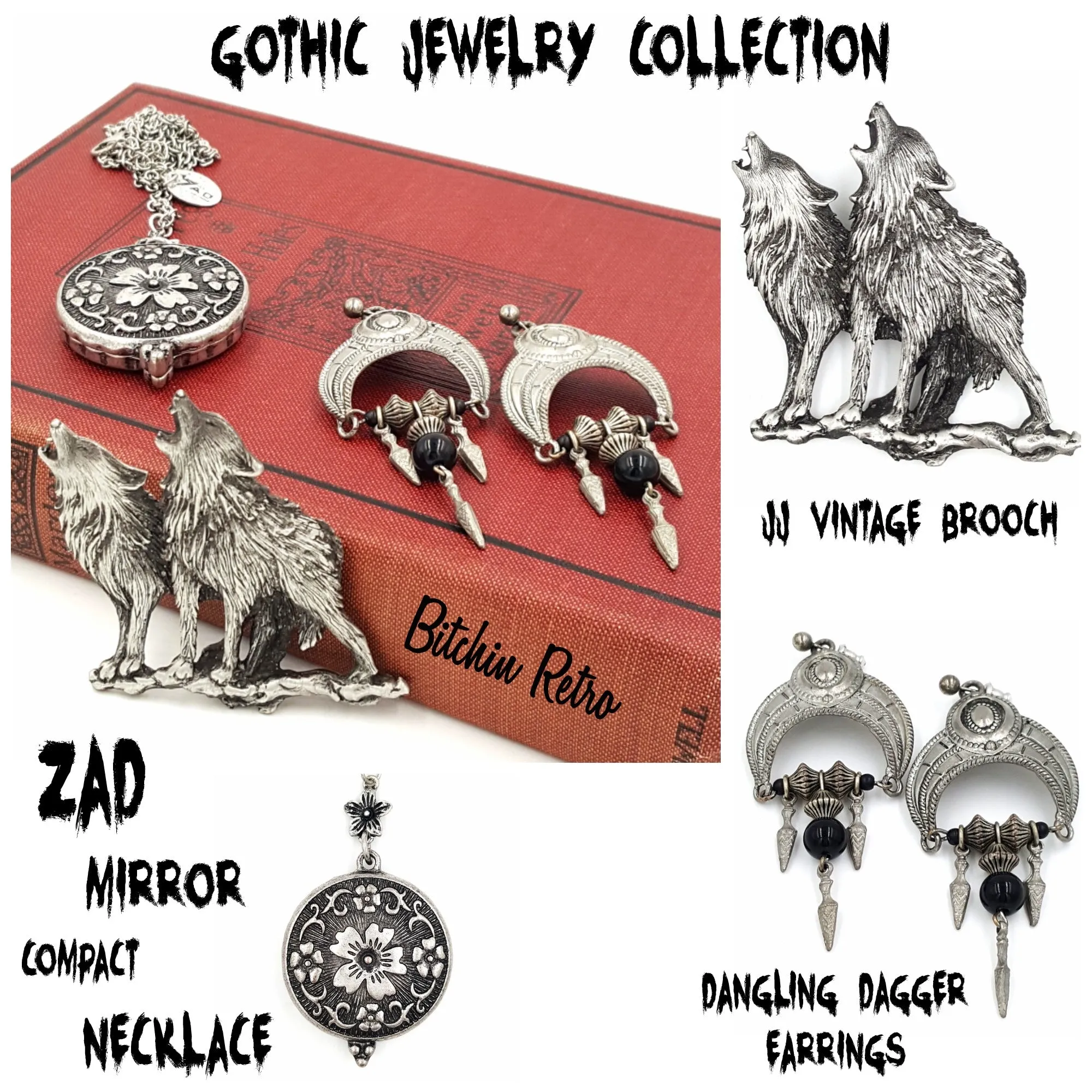Gothic Jewelry Set with JJ Wolves Pewter Brooch, Zad Mirror Necklace, Earrings