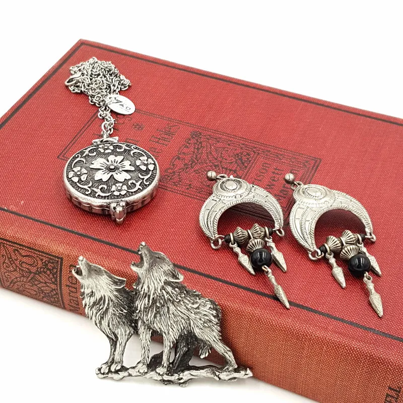 Gothic Jewelry Set with JJ Wolves Pewter Brooch, Zad Mirror Necklace, Earrings