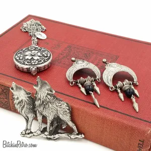 Gothic Jewelry Set with JJ Wolves Pewter Brooch, Zad Mirror Necklace, Earrings