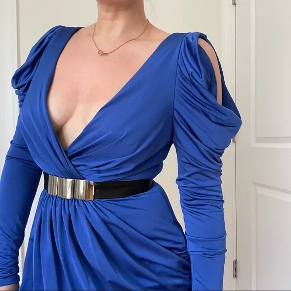 Grecian Goddess Cold Shoulder Long Sleeve Deep V Neck Cocktail Dress