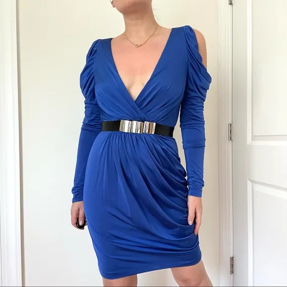 Grecian Goddess Cold Shoulder Long Sleeve Deep V Neck Cocktail Dress
