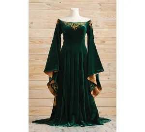 Green velvet fantasy elven wedding dress