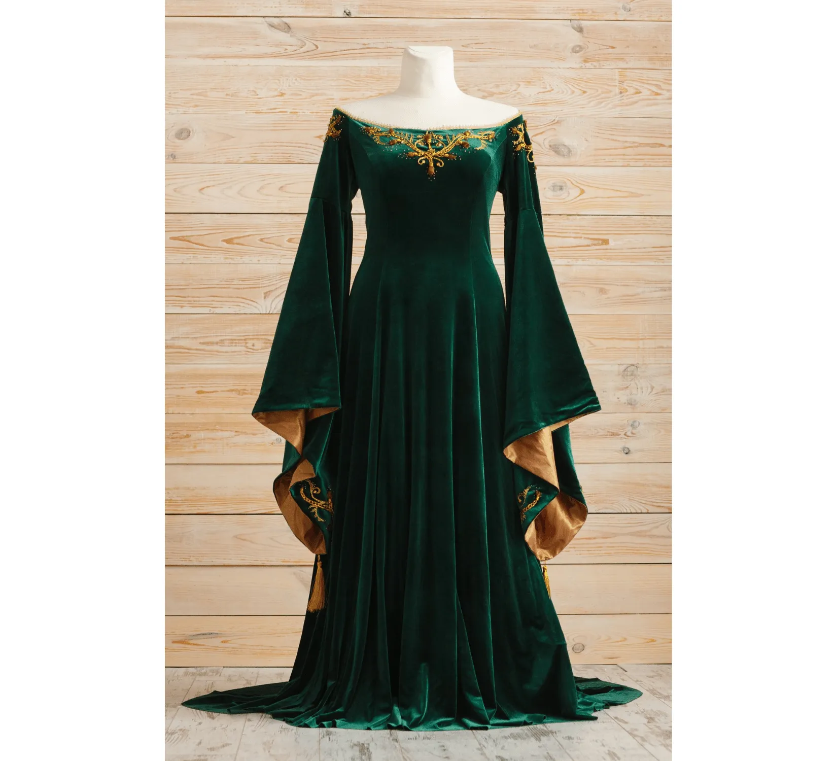 Green velvet fantasy elven wedding dress