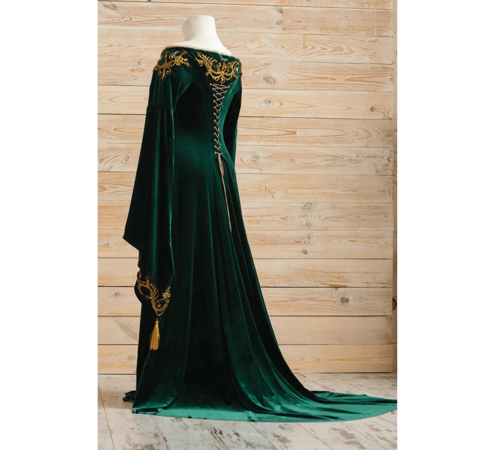 Green velvet fantasy elven wedding dress