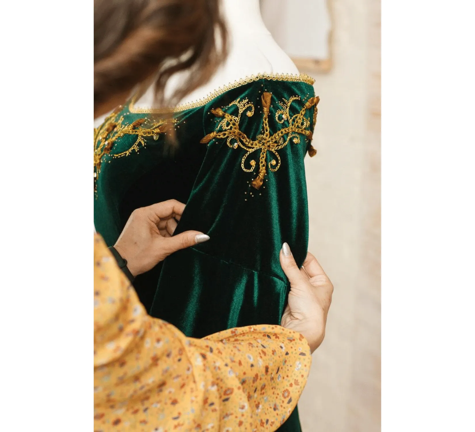 Green velvet fantasy elven wedding dress