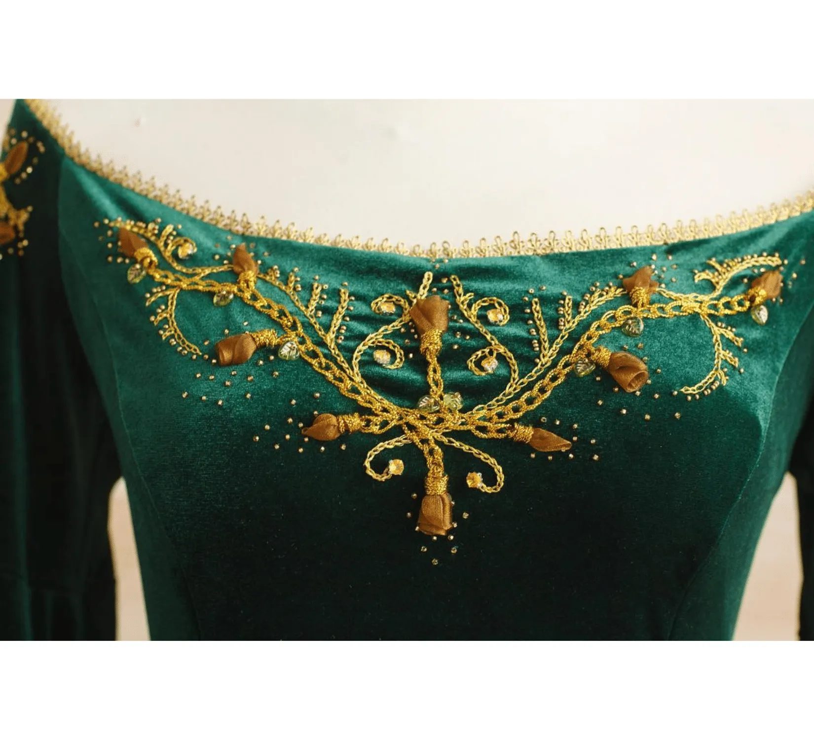 Green velvet fantasy elven wedding dress