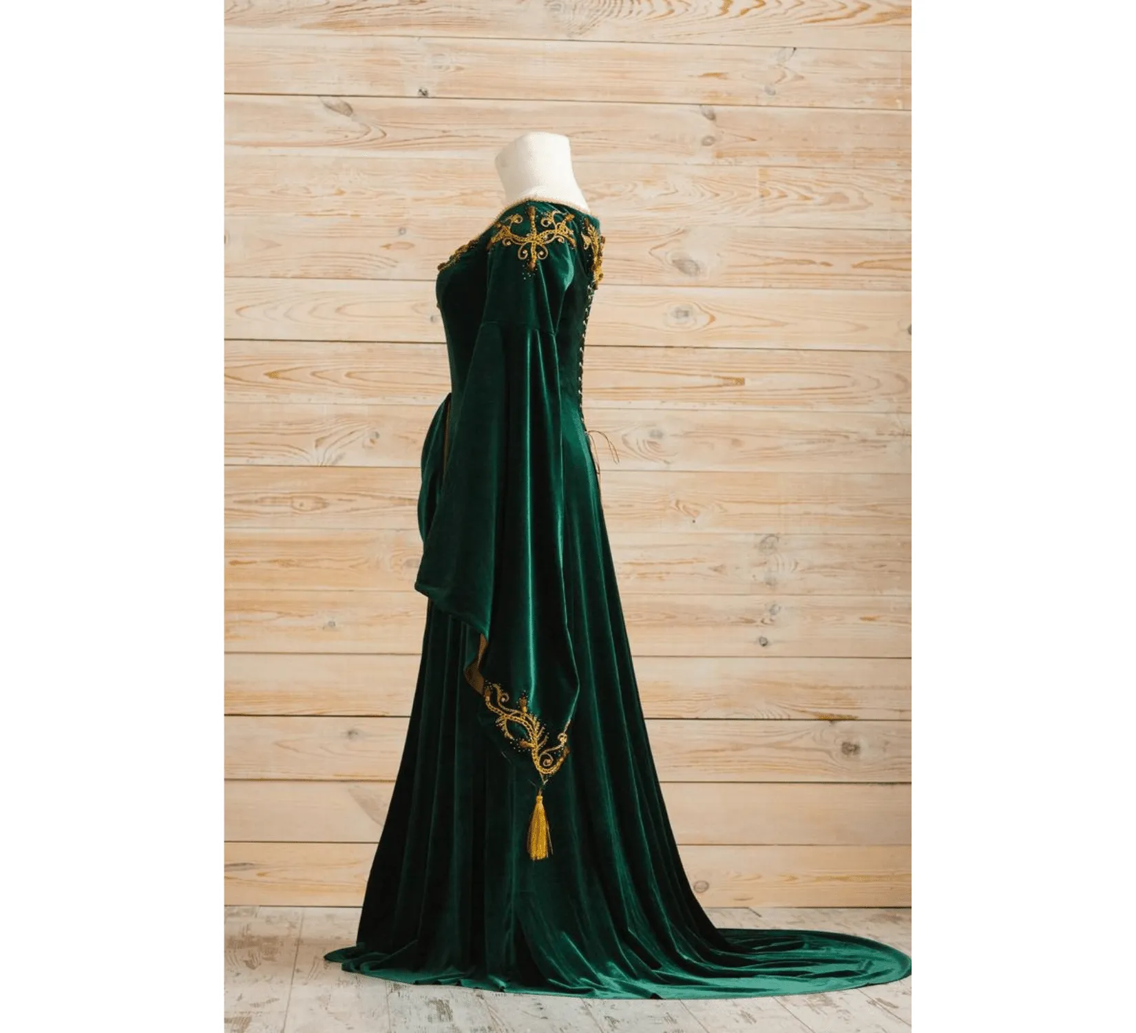 Green velvet fantasy elven wedding dress