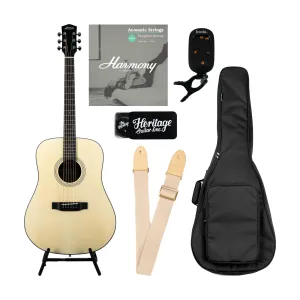 Harmony Foundation Series Terra Dreadnought Acoustic Guitar Bundle, Natural Satin