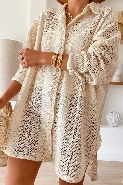 Hazel Blues® |  Lace Crochet Collared Neck Oversized Shirt