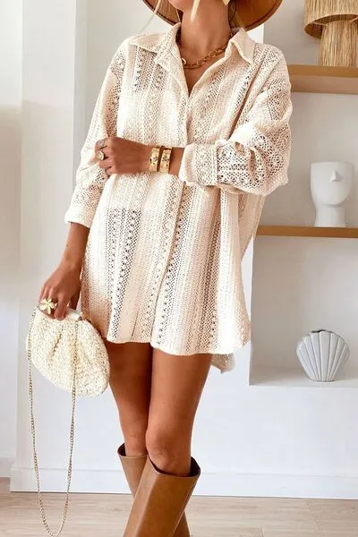 Hazel Blues® |  Lace Crochet Collared Neck Oversized Shirt