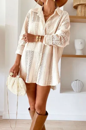 Hazel Blues® |  Lace Crochet Collared Neck Oversized Shirt