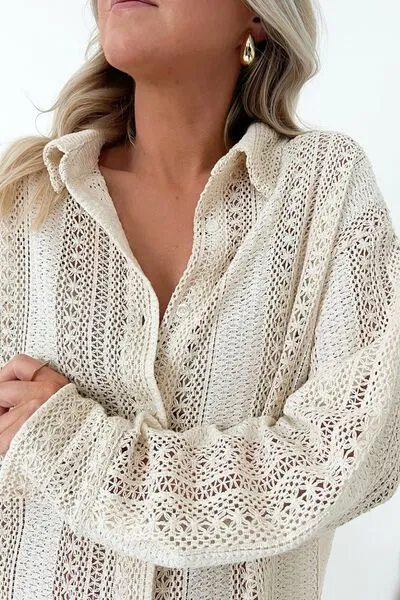 Hazel Blues® |  Lace Crochet Collared Neck Oversized Shirt