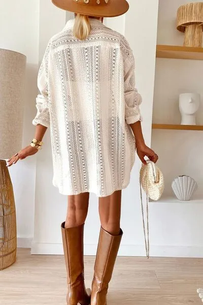 Hazel Blues® |  Lace Crochet Collared Neck Oversized Shirt