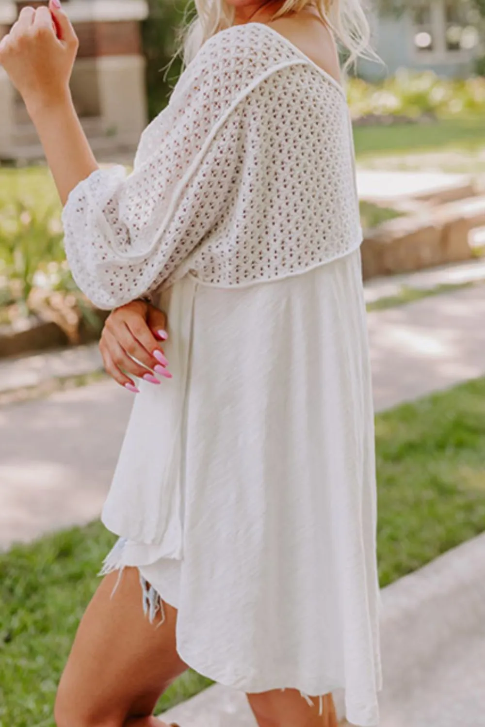 Hazel Blues® |  Openwork High Low Hem V Neck Oversized Top