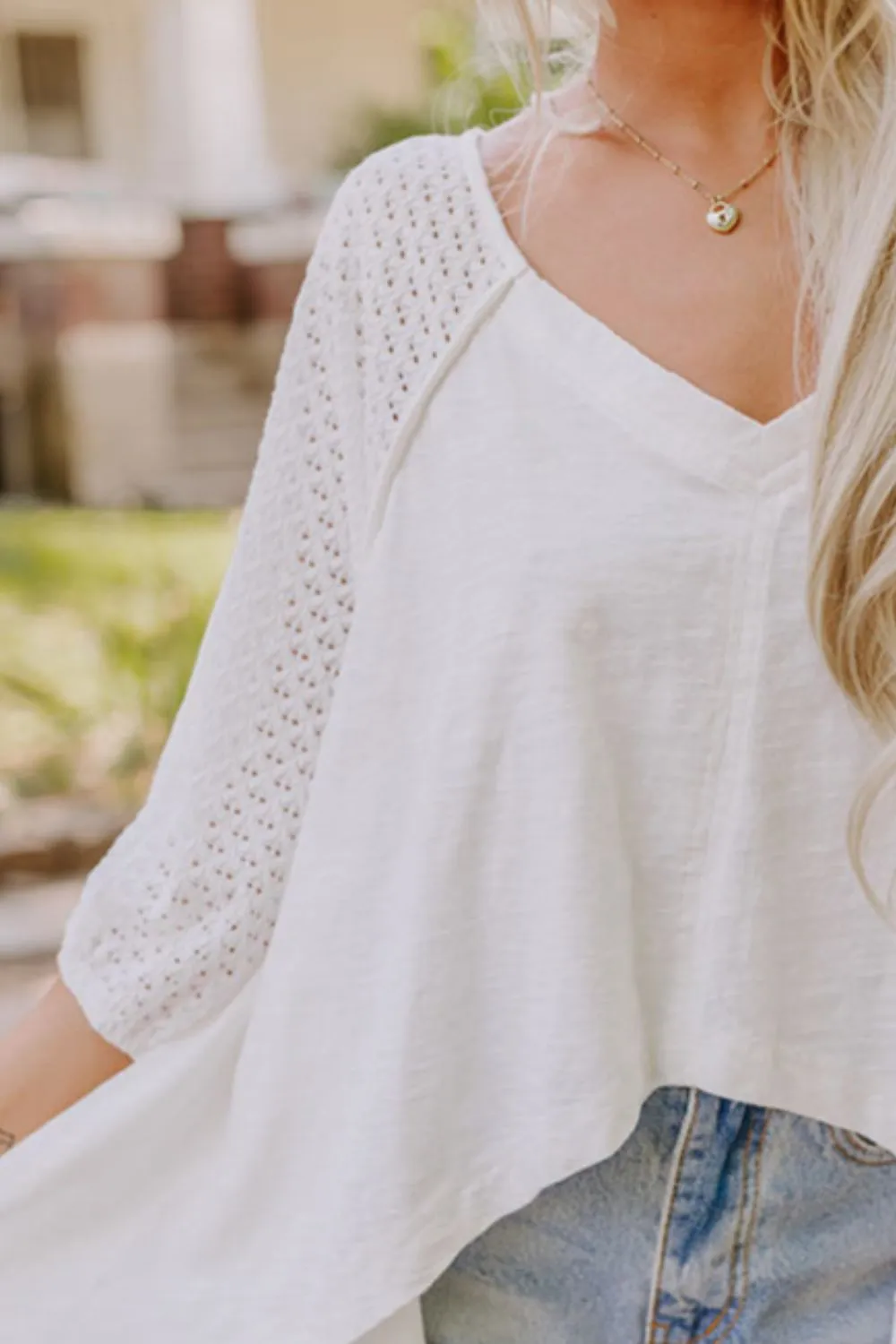 Hazel Blues® |  Openwork High Low Hem V Neck Oversized Top