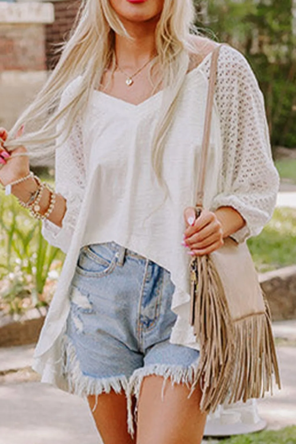 Hazel Blues® |  Openwork High Low Hem V Neck Oversized Top