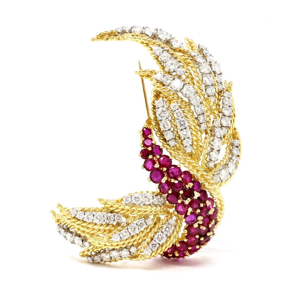 Italian Ruby & Diamond 18k Gold Brooch