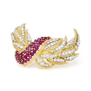 Italian Ruby & Diamond 18k Gold Brooch