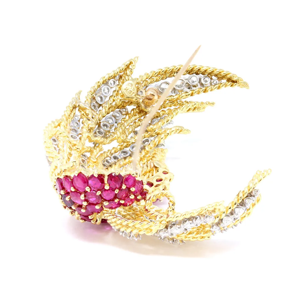 Italian Ruby & Diamond 18k Gold Brooch