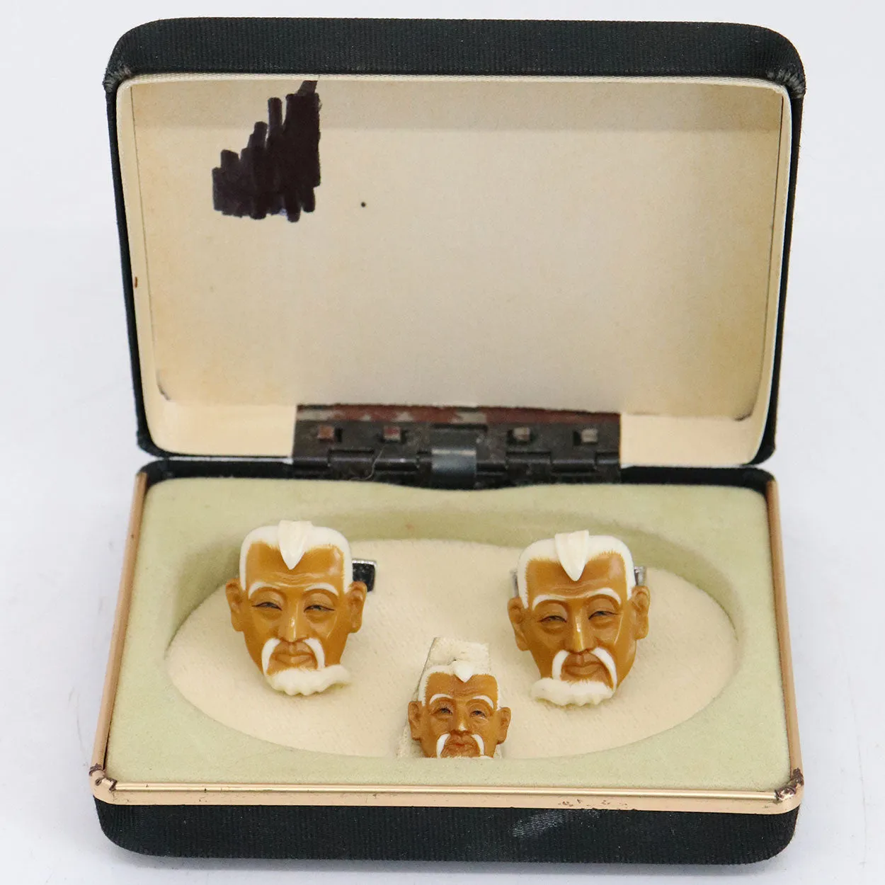 Japanese Tokishane Style Celluloid Sterling Silver Jurōjin Face Cufflinks and Tie Tack