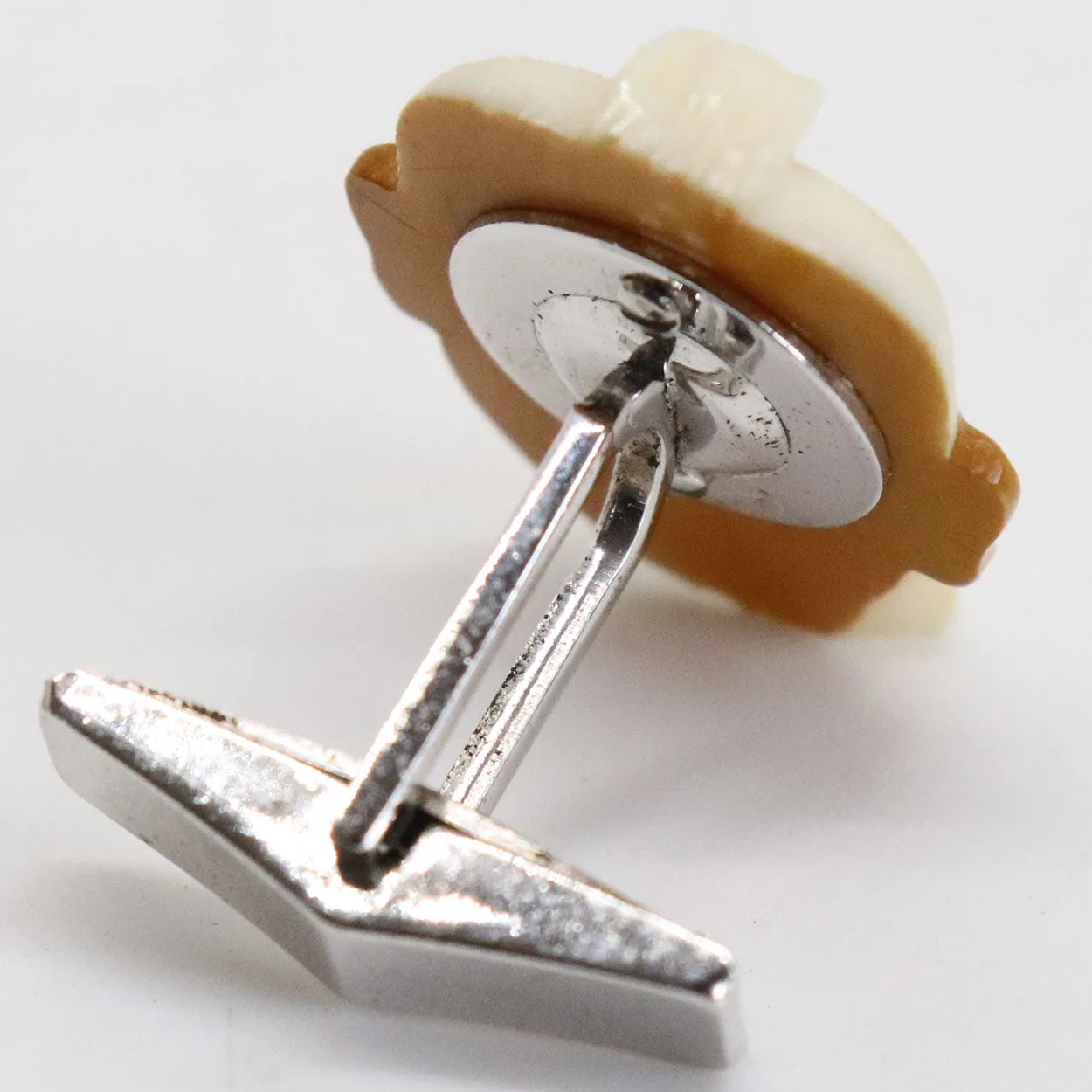 Japanese Tokishane Style Celluloid Sterling Silver Jurōjin Face Cufflinks and Tie Tack