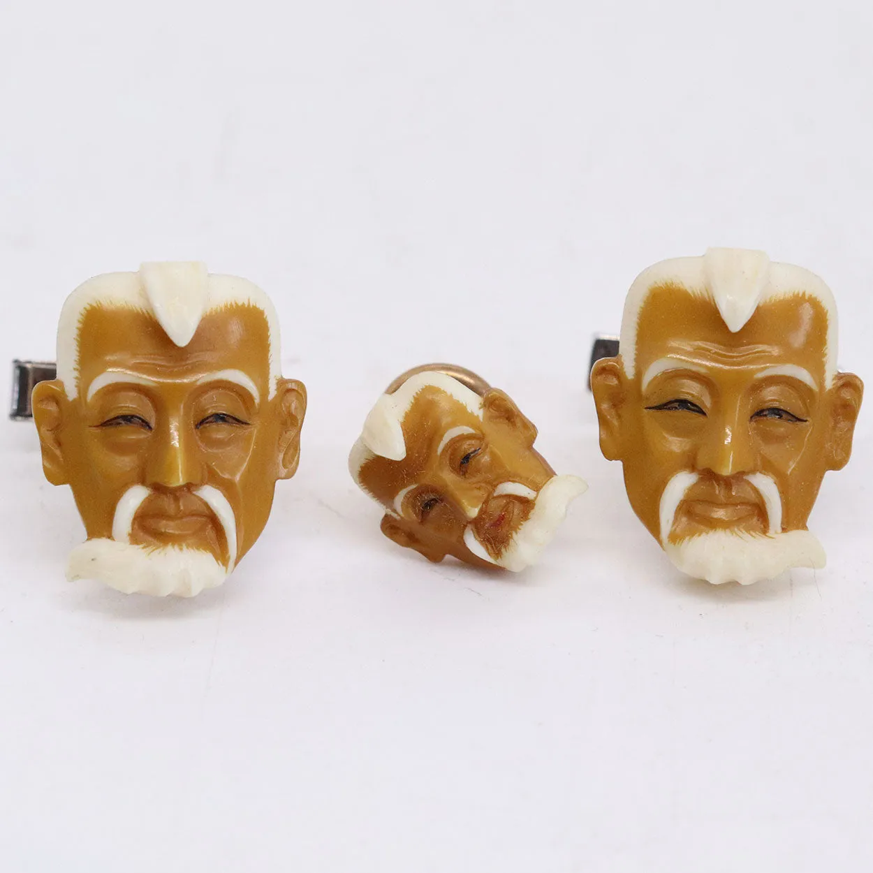 Japanese Tokishane Style Celluloid Sterling Silver Jurōjin Face Cufflinks and Tie Tack