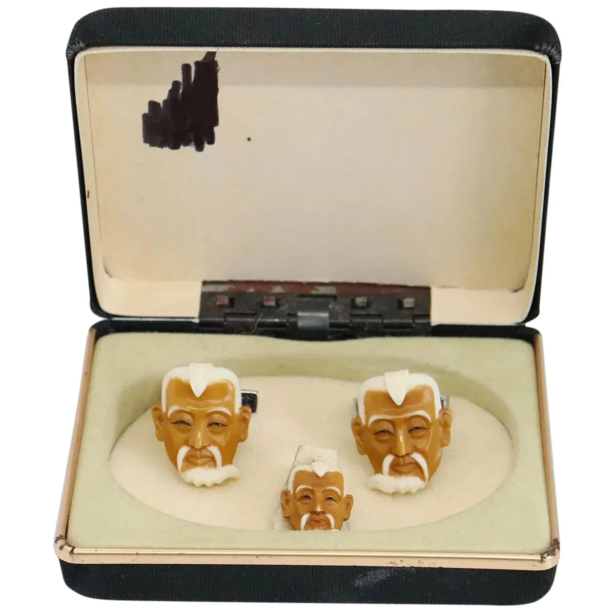 Japanese Tokishane Style Celluloid Sterling Silver Jurōjin Face Cufflinks and Tie Tack