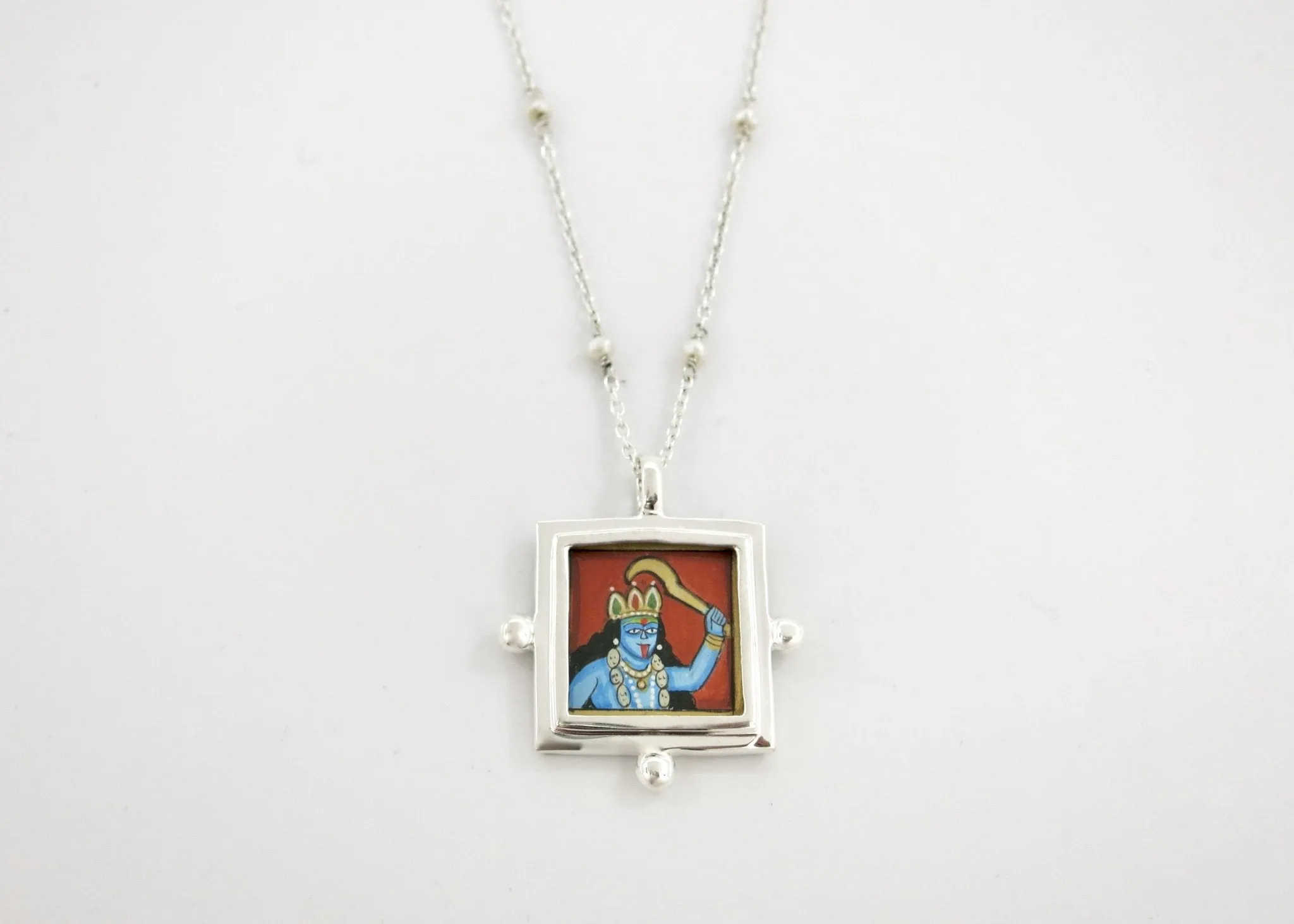Kali (goddess) miniature painting pendant on a floating pearl chain