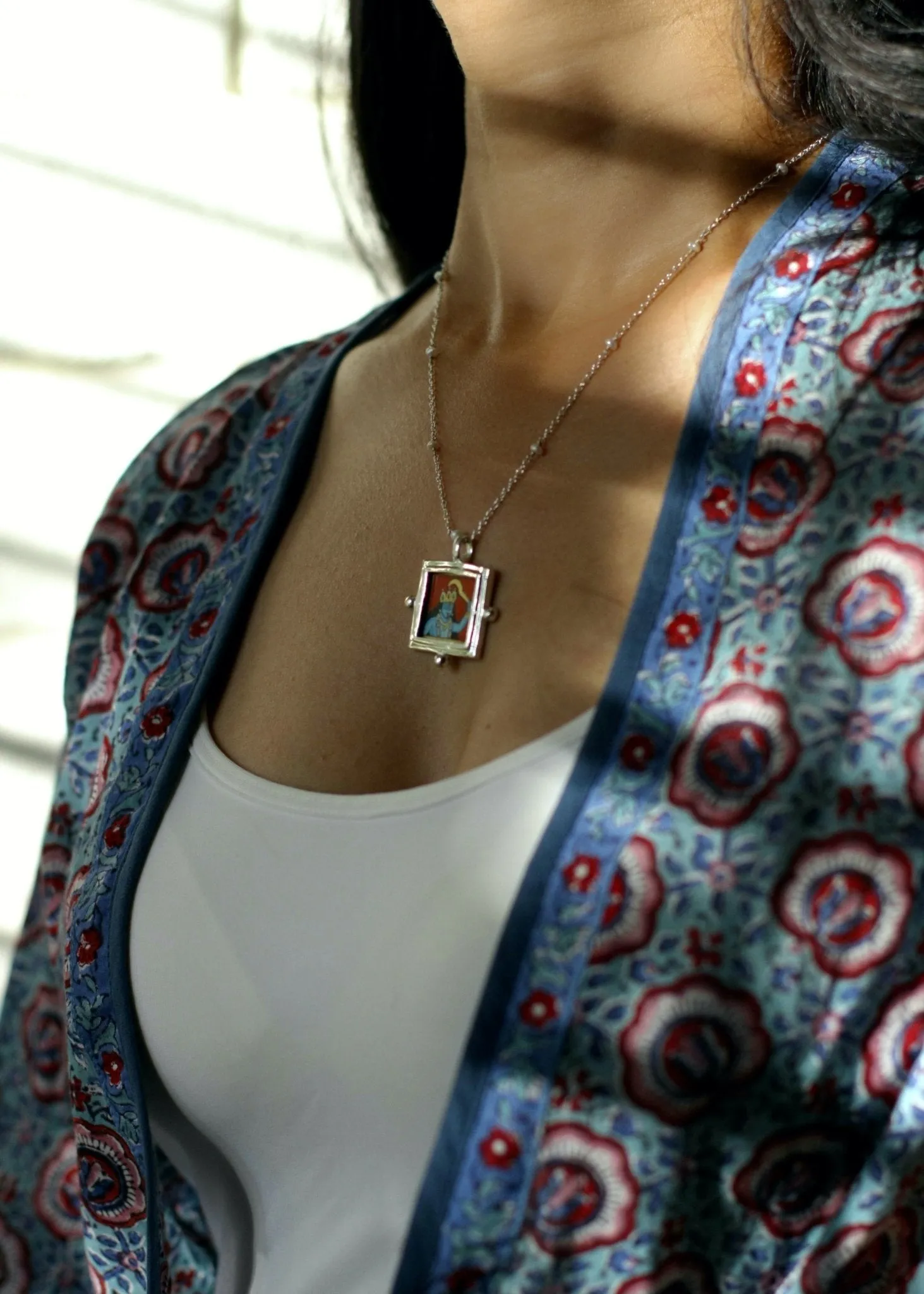 Kali (goddess) miniature painting pendant on a floating pearl chain