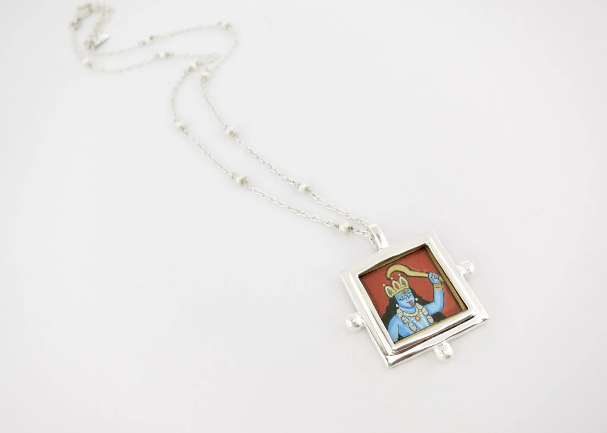 Kali (goddess) miniature painting pendant on a floating pearl chain