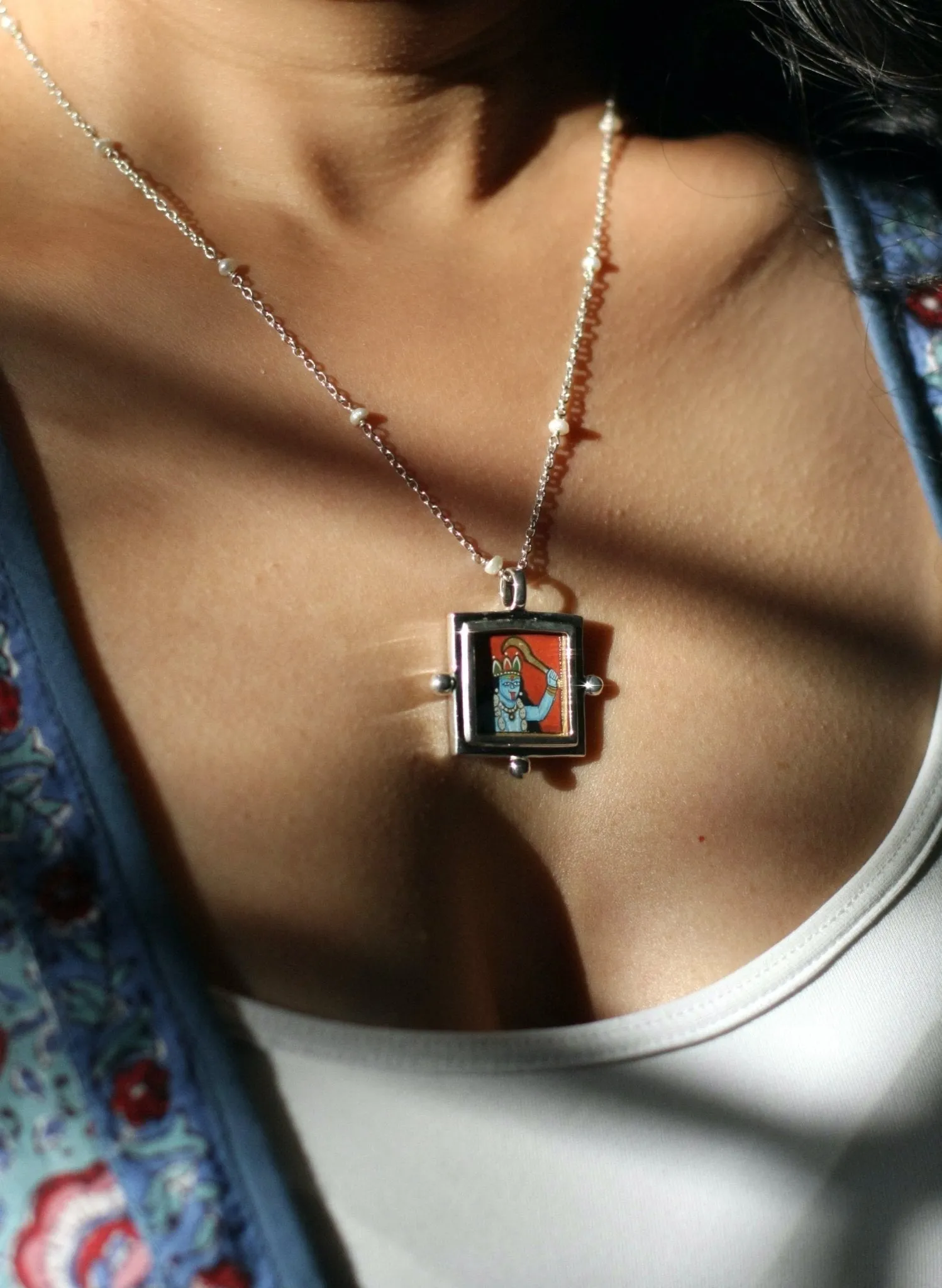 Kali (goddess) miniature painting pendant on a floating pearl chain