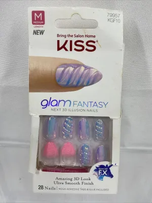 KISS Glam Fantasy Unicorn Horn Illusion Glitter Glue 28 Nails Medium Round Pink