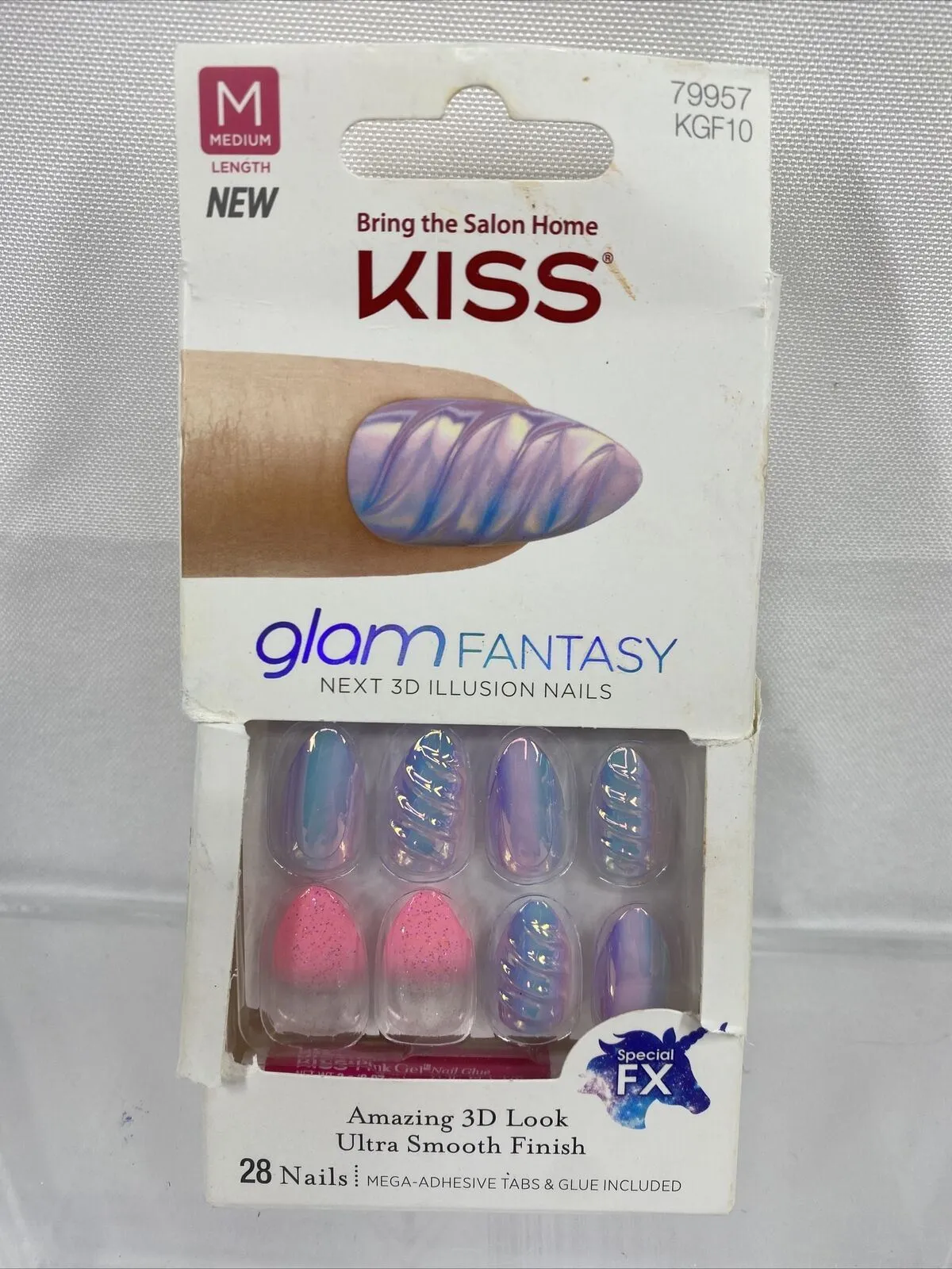 KISS Glam Fantasy Unicorn Horn Illusion Glitter Glue 28 Nails Medium Round Pink