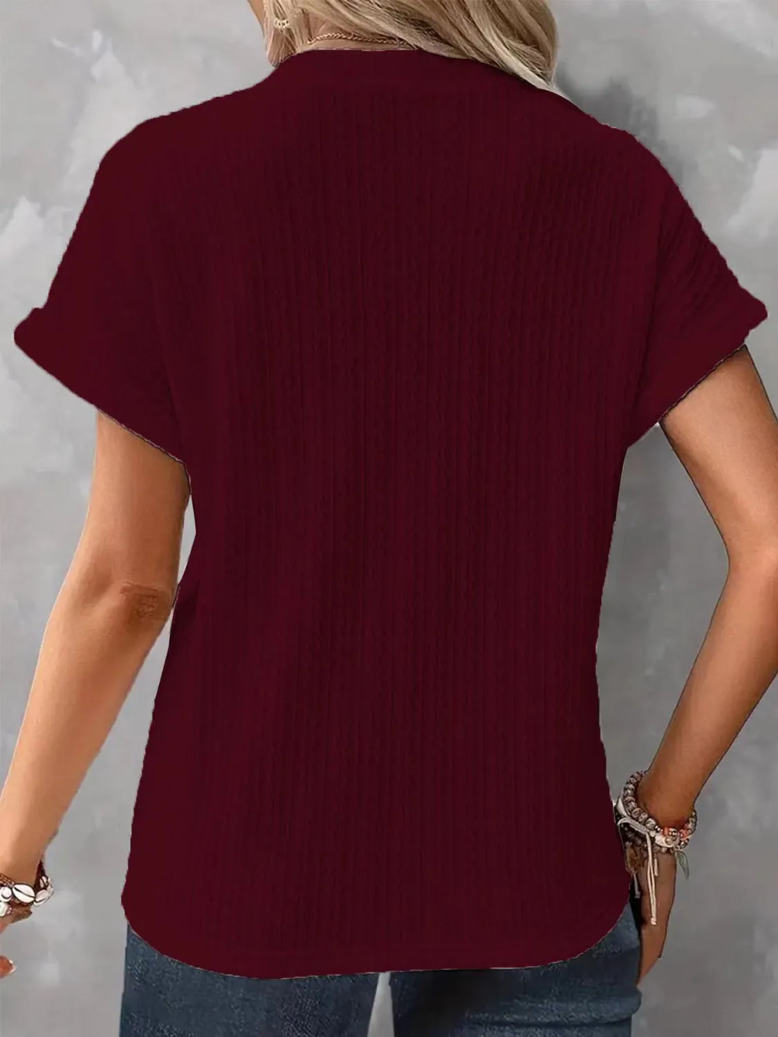 Light Colored Textured Buttoned Short Sleeve Top