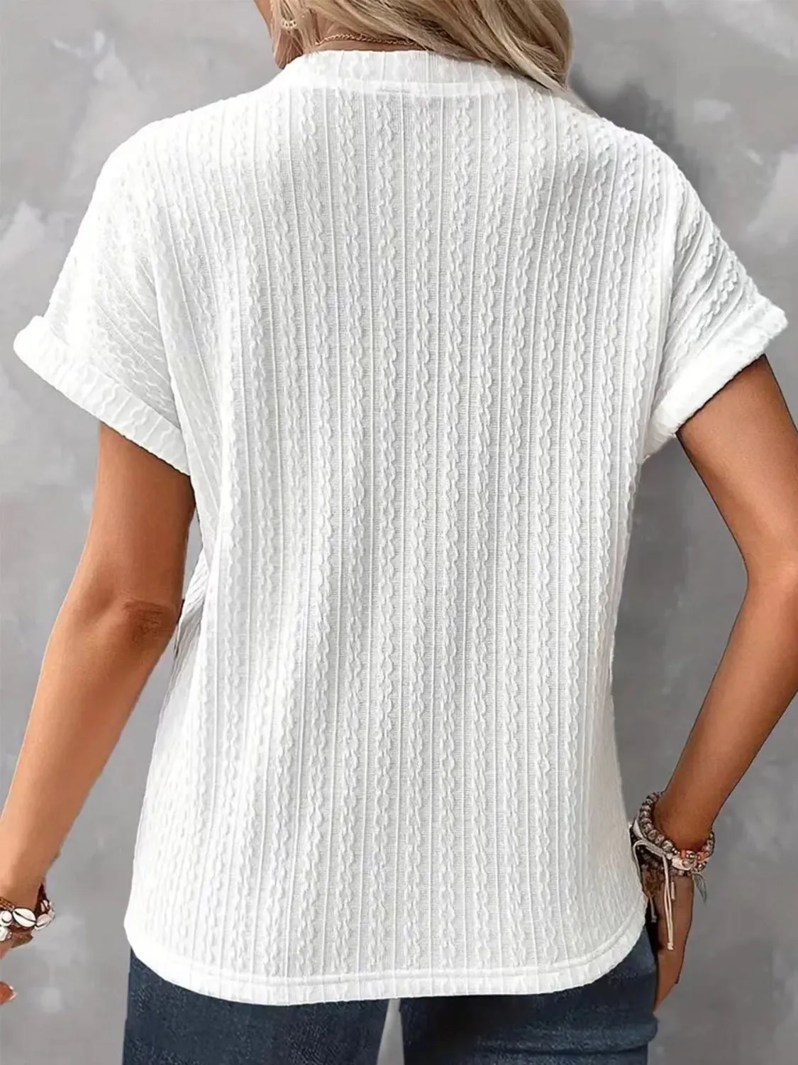 Light Colored Textured Buttoned Short Sleeve Top