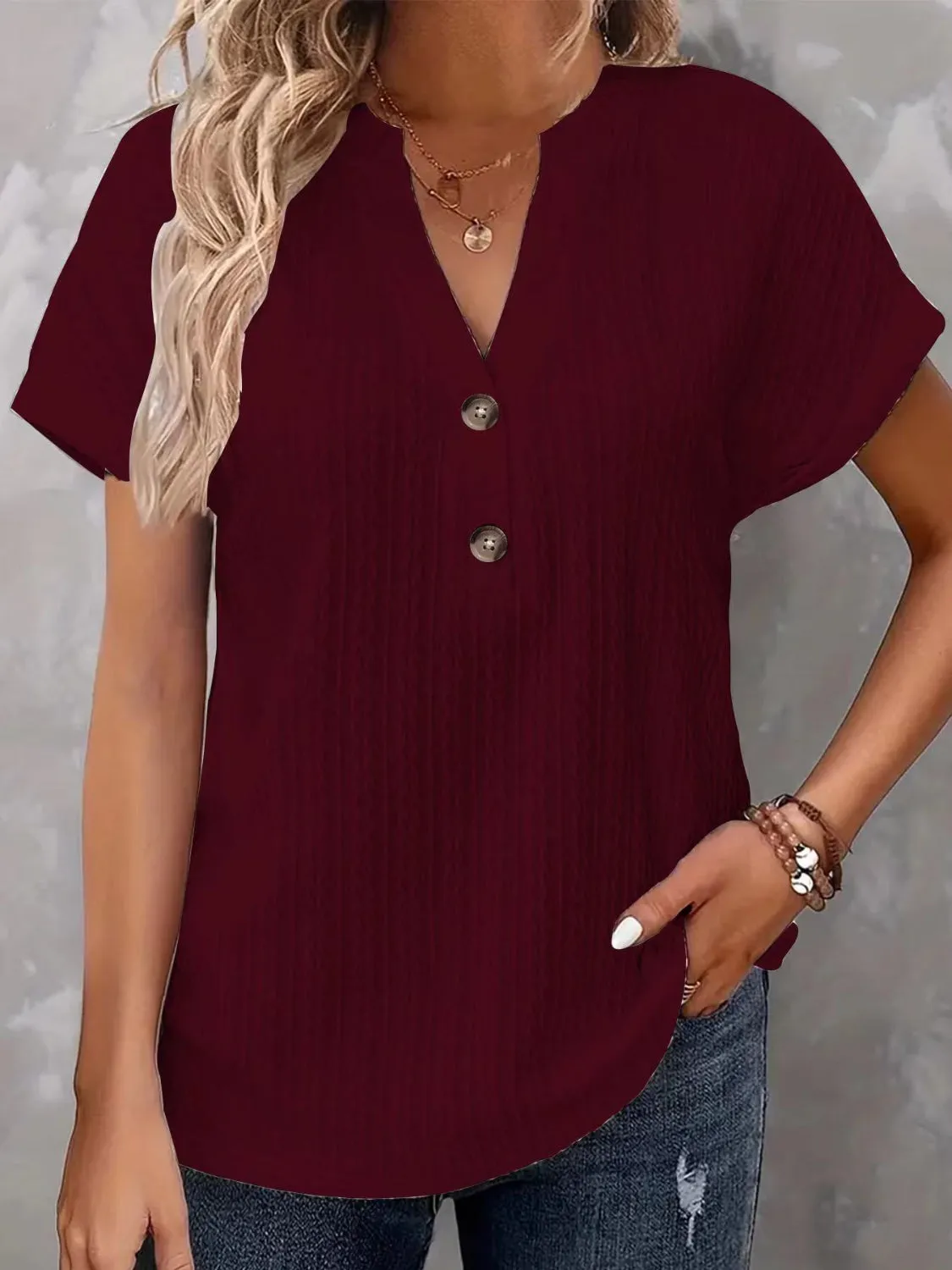 Light Colored Textured Buttoned Short Sleeve Top