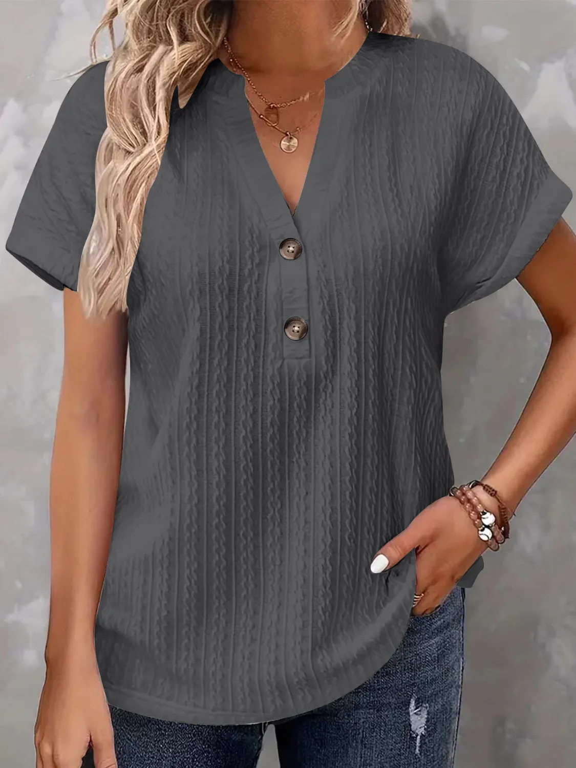 Light Colored Textured Buttoned Short Sleeve Top