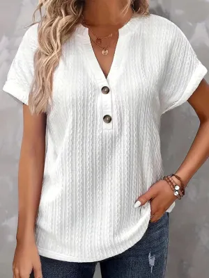 Light Colored Textured Buttoned Short Sleeve Top
