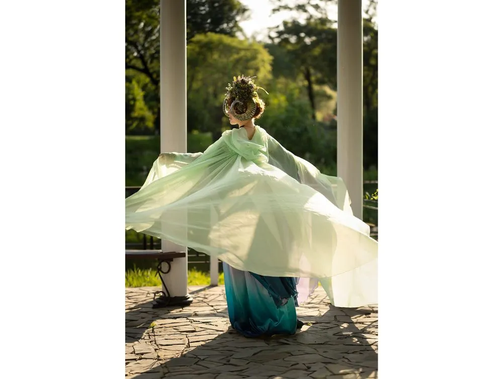 Light Green Fantasy Hooded Tulle Cape | USA domestic shipping
