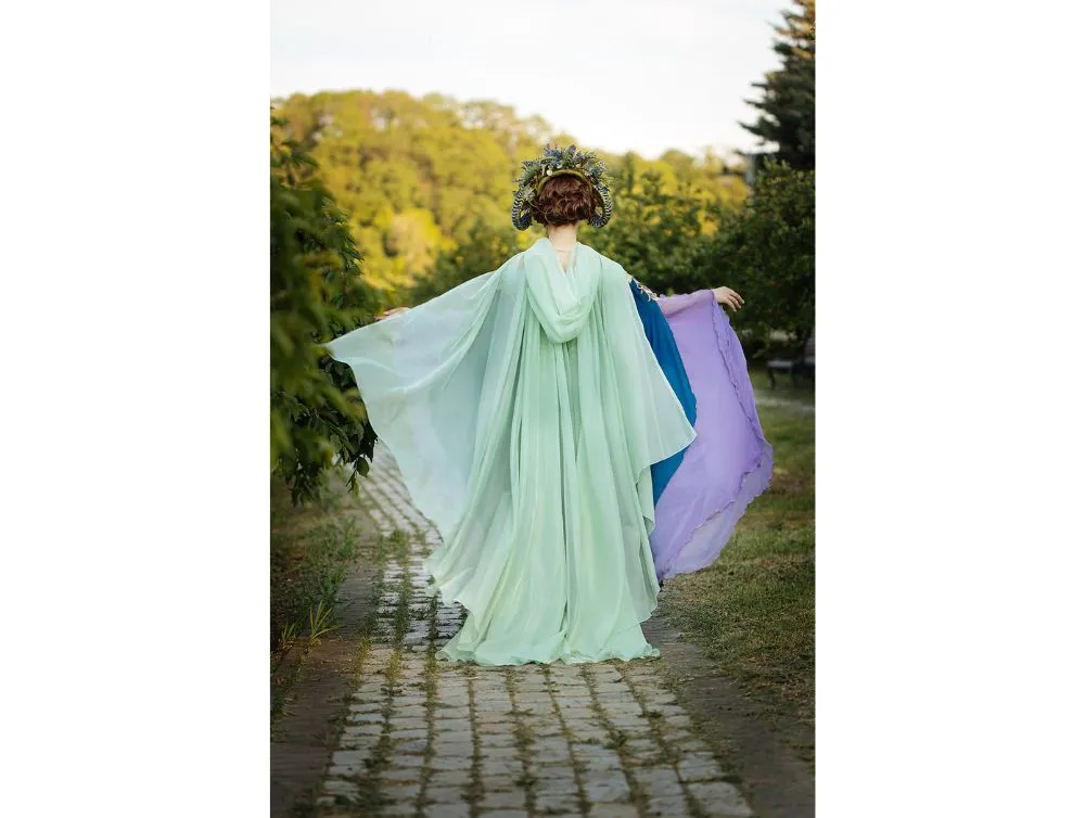 Light Green Fantasy Hooded Tulle Cape | USA domestic shipping