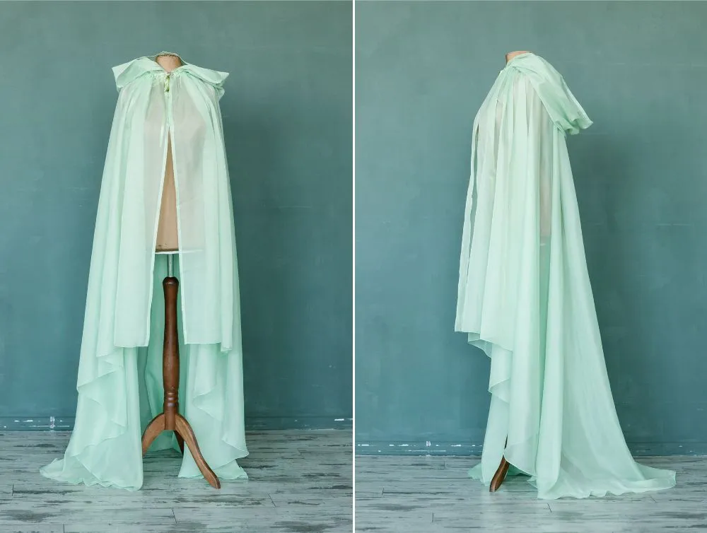 Light Green Fantasy Hooded Tulle Cape | USA domestic shipping