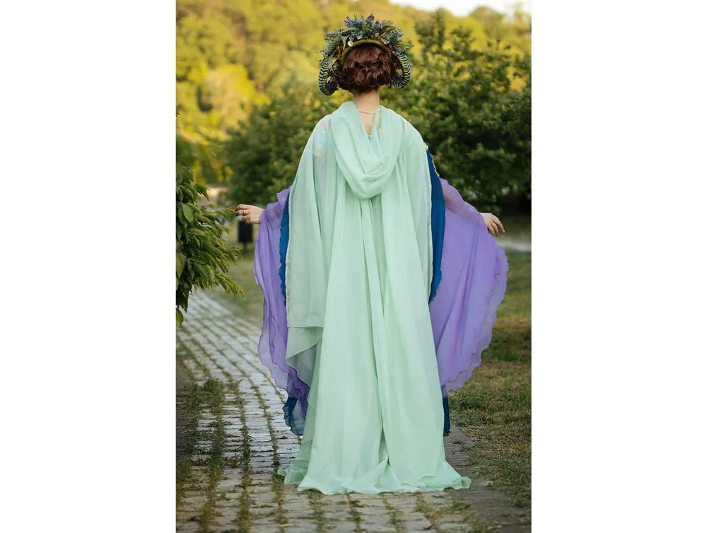 Light Green Fantasy Hooded Tulle Cape | USA domestic shipping