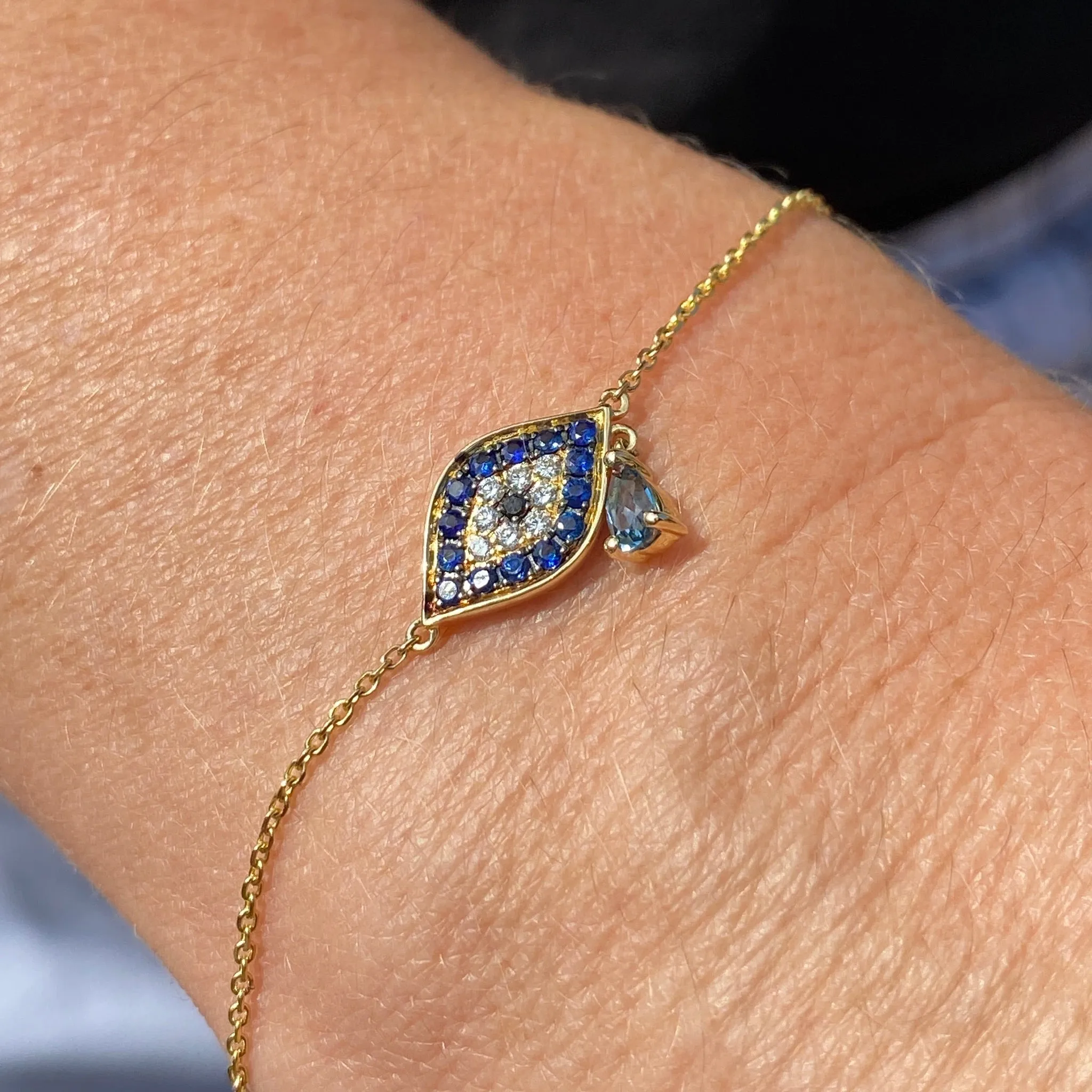 London Blue Topaz Sapphire Black and White Diamond Link Bracelet 14K Yellow Gold