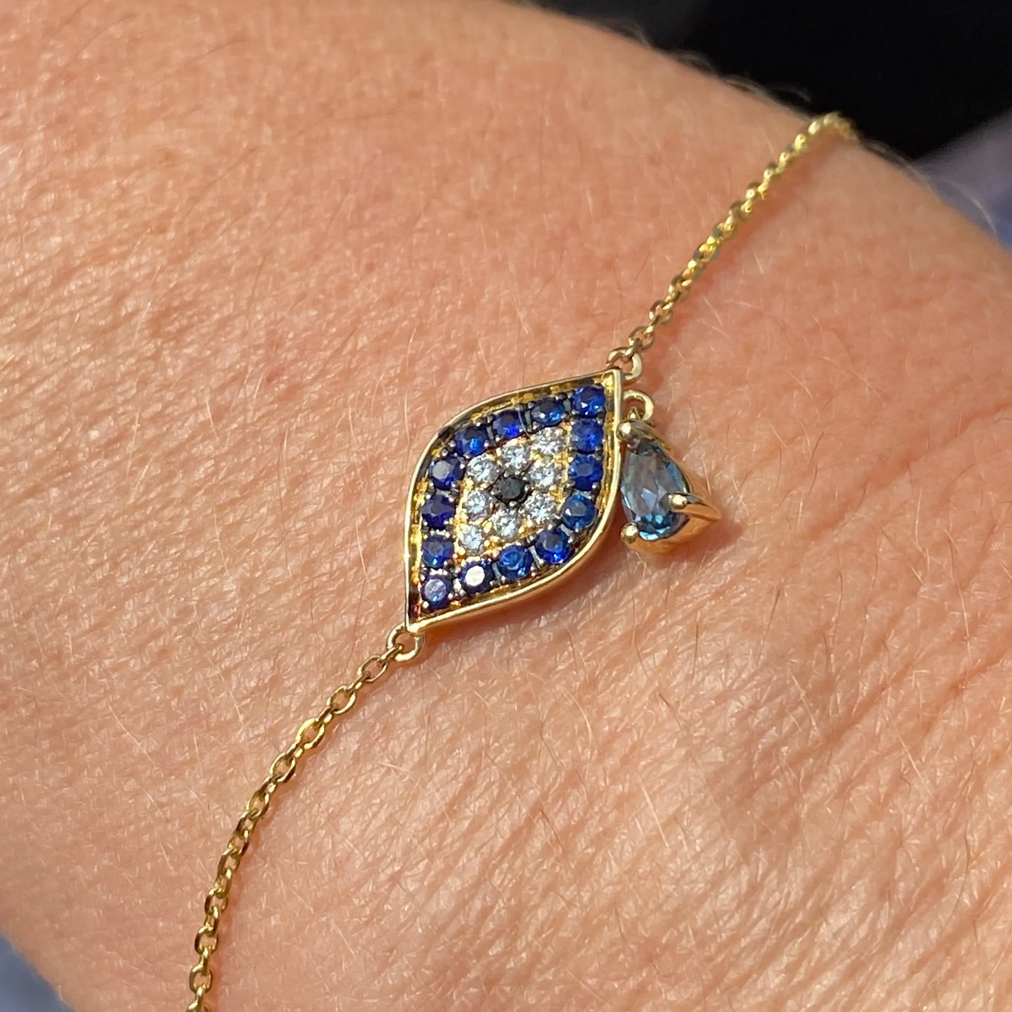 London Blue Topaz Sapphire Black and White Diamond Link Bracelet 14K Yellow Gold